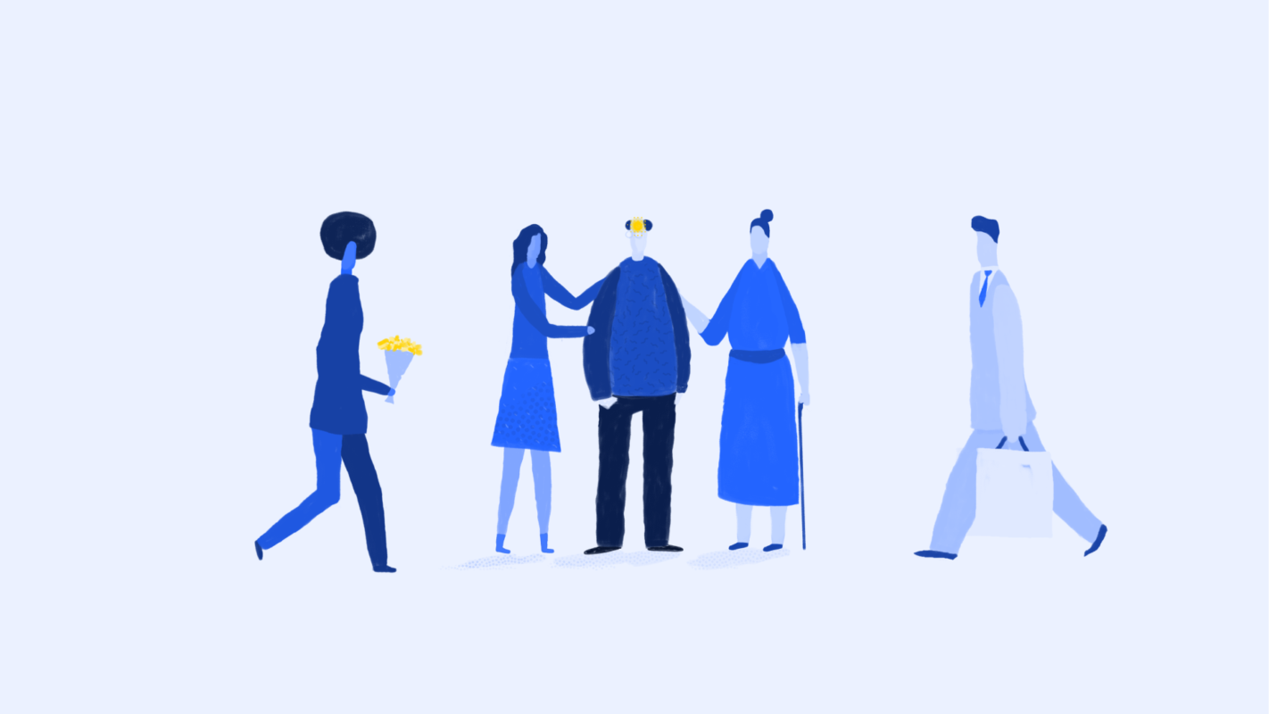 Beeld van verschillende karakters om iemand heen die zorg nodig heeft ter illustratie van karakter animatie door animatiestudio Creative Beards