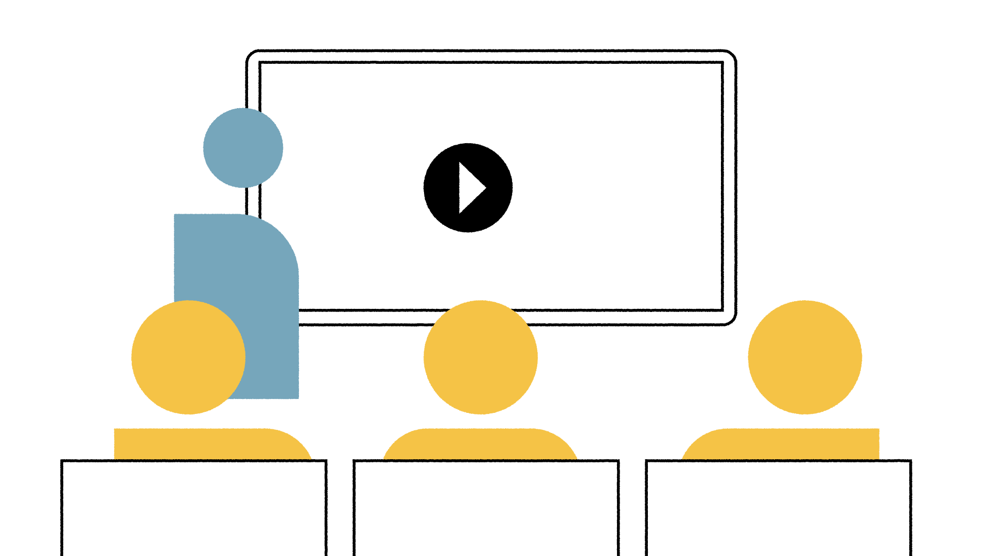 Beeld van presentator voor eens scherm die een video laat zien aan mensen in de zaal ter illustratie van een filmpresentatie