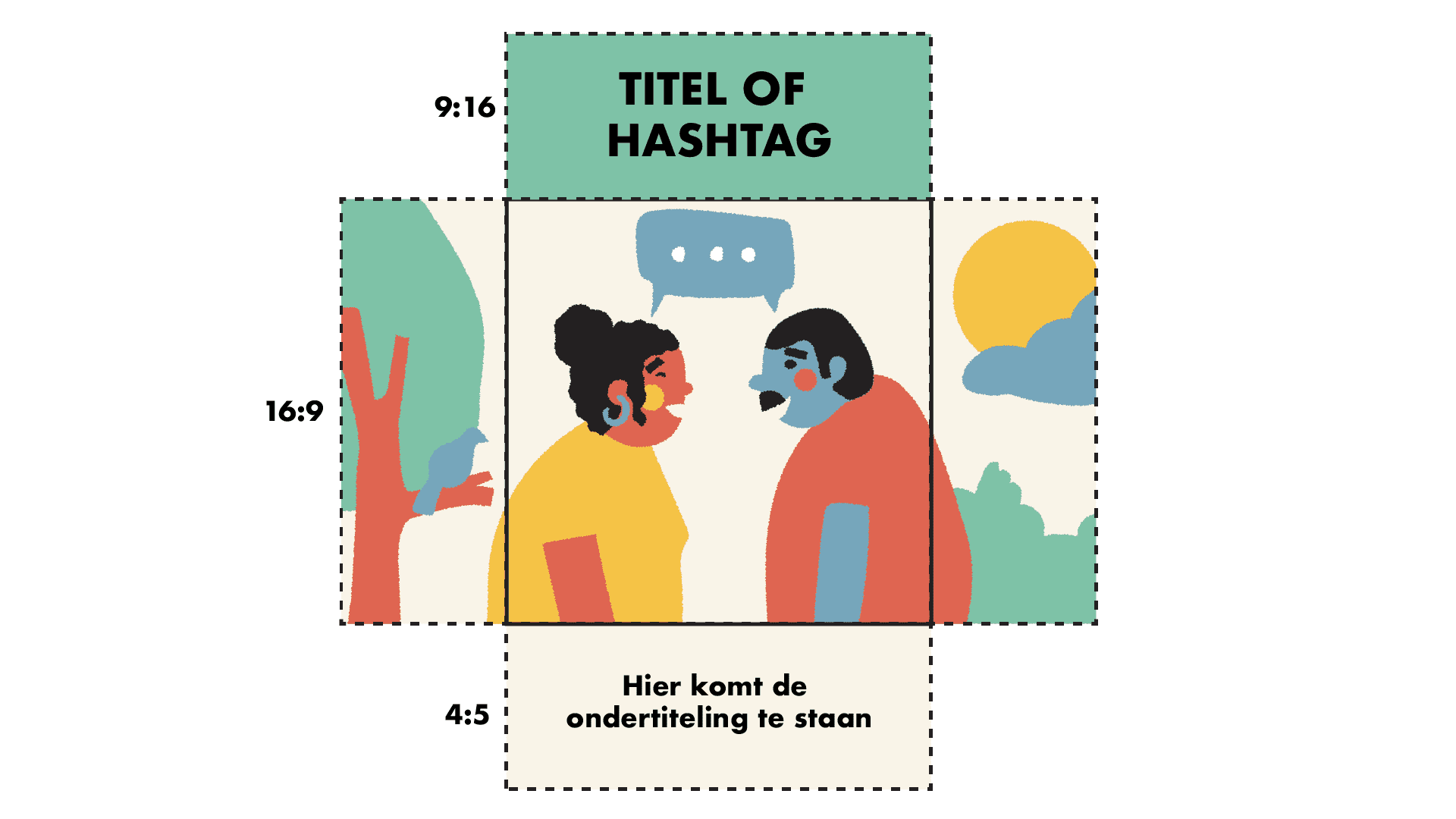 Beeld van twee mensen die met elkaar praten in een vierkant frame met breedbeeld of verticale omlijsting ter illustratie van verschillende animatie en video voor verschillende social media verhoudingen laten maken