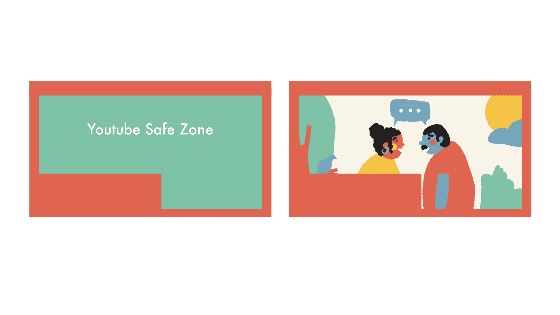 Beeld van twee vensters waarin Safe Zone in breedbeeld verhouding wordt getoond voor reclames op Youtube