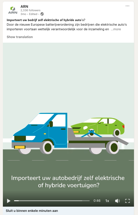Screenshot van auto op een autotransport in B2B videomarketing LinkedIn campagne van ARN met animatie