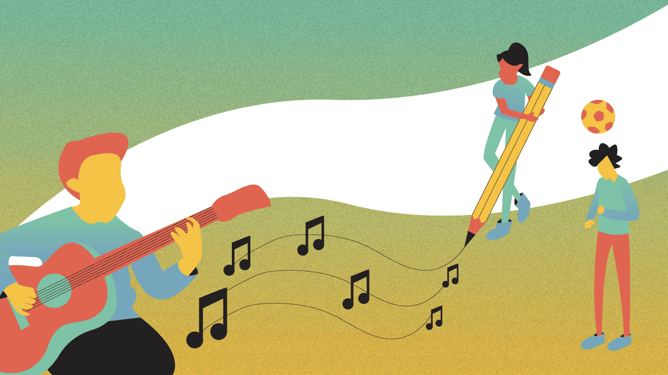 Illustratie van leefwereld kinderen basisschool: kind speelt gitaar, tekent met een groot potlood, kopt een bal